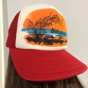 Vintage Bahamas Snapback Trucker Hat Beach Boating Tropical Cap Mesh Red EUC